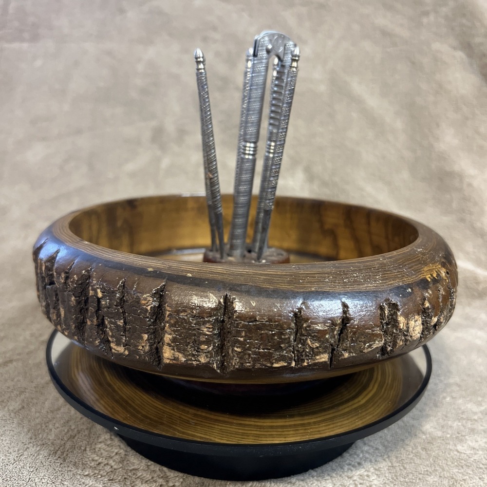 VTG Wooden Nut Bowl Live Edge Round Dish Nut Cracker & 5 Picks Rustic‎ Country
